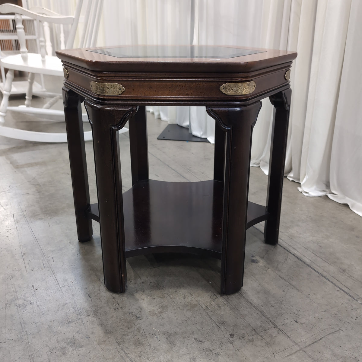 Hexagonal Dark Wood End Table with Glass Top