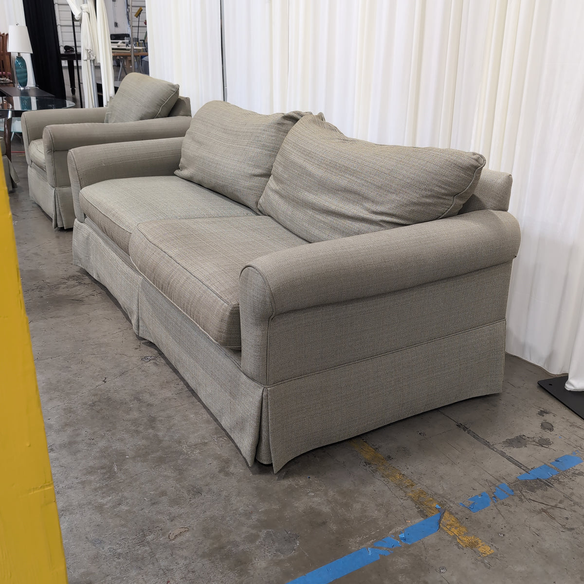 Light Olive Rolled Arm Couch with Skirted Base