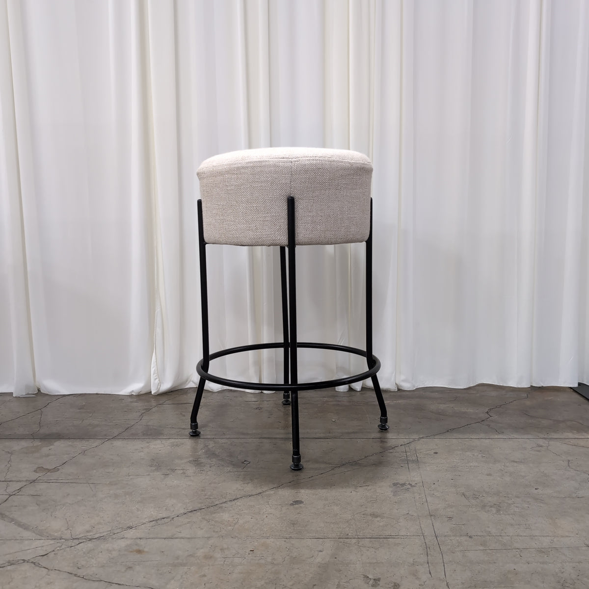 Round Upholstered Beige Stool with Metal Legs