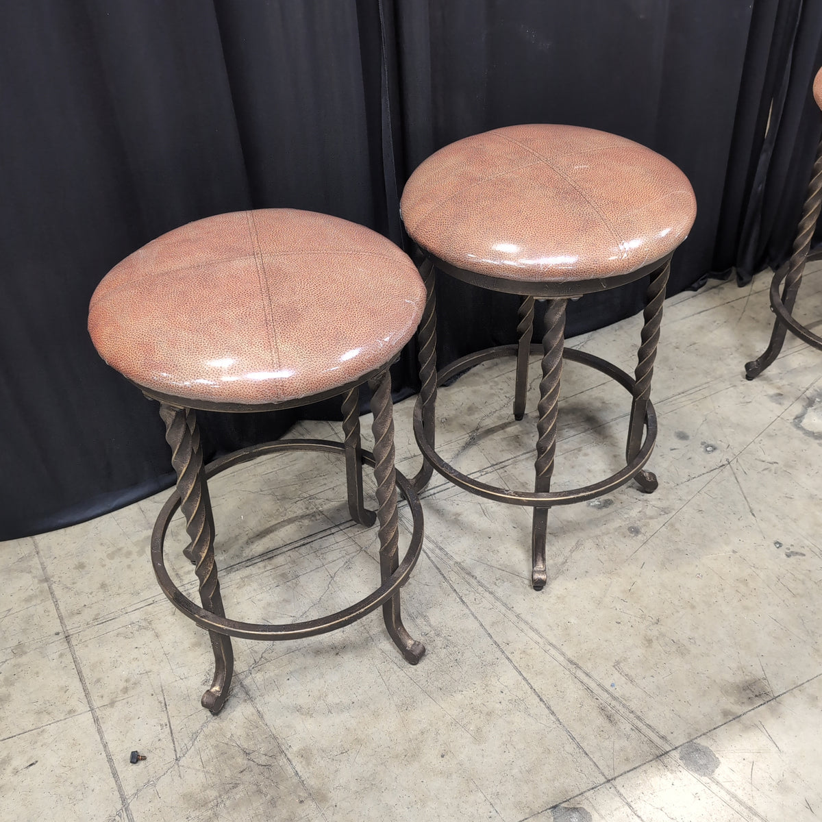 Pair of Rustic Tan Faux Leather Bar Stool with Twisted Metal Legs