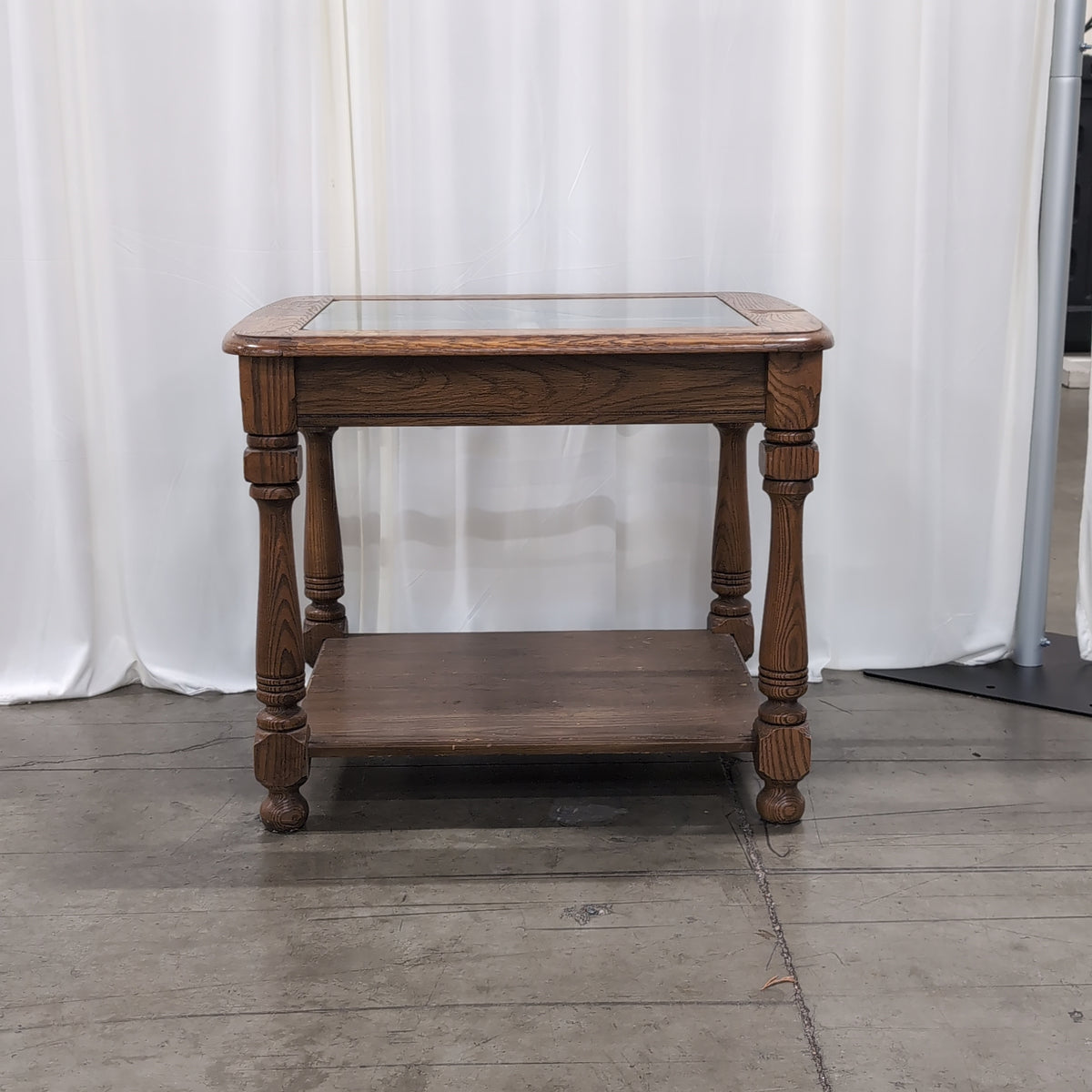 Medium Brown Wood End Table with Glass Top