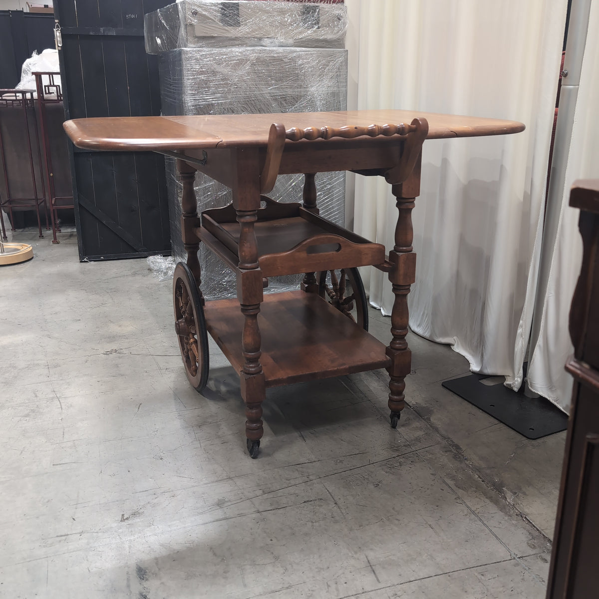 Medium Brown Wood Drop Leaf Rolling Tea Cart