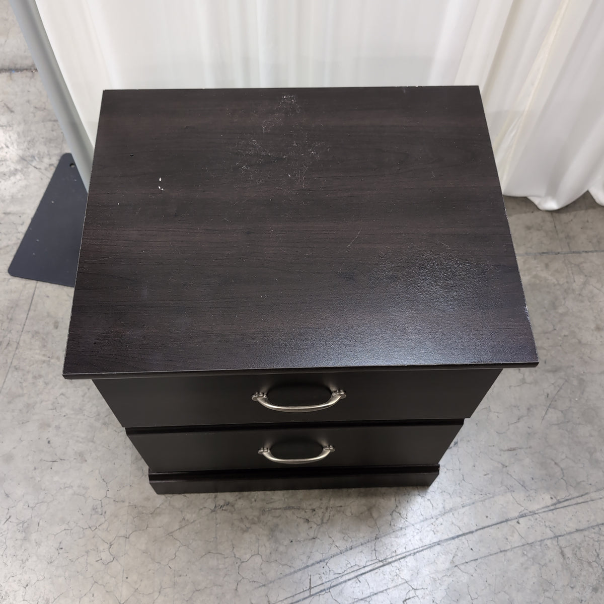 Dark Espresso Two-Drawer Nightstand with Silver Pulls