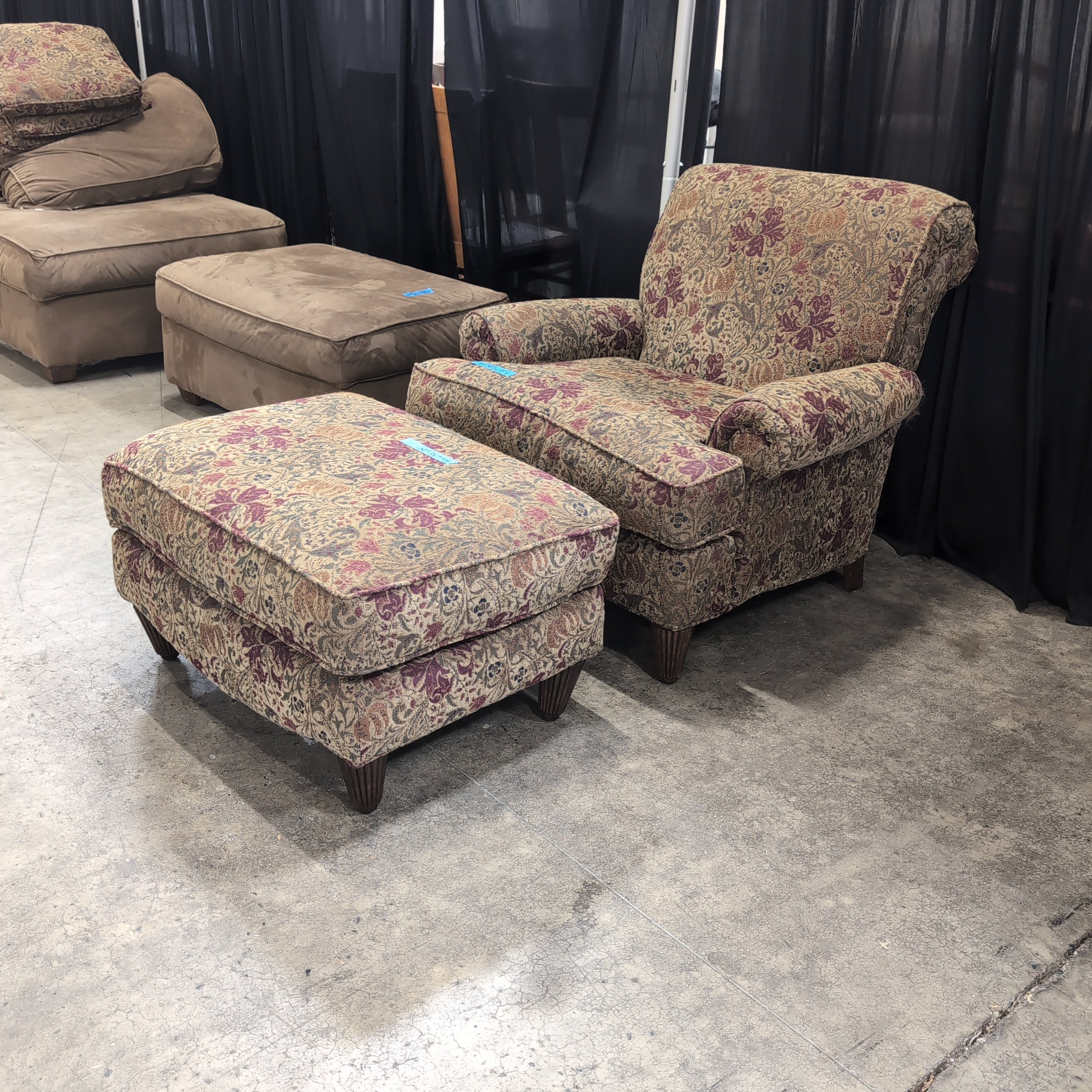 Rolled Arm Armchair and Ottoman in Floral Tapestry Fabric