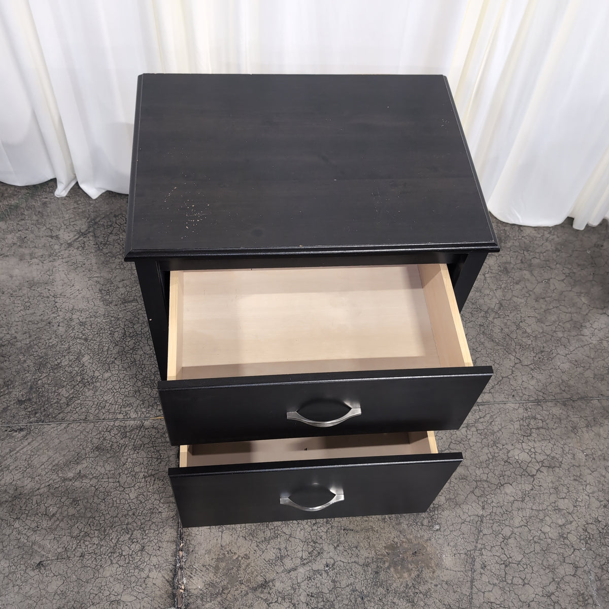 Dark Wood Two-Drawer Nightstand with Silver Handles