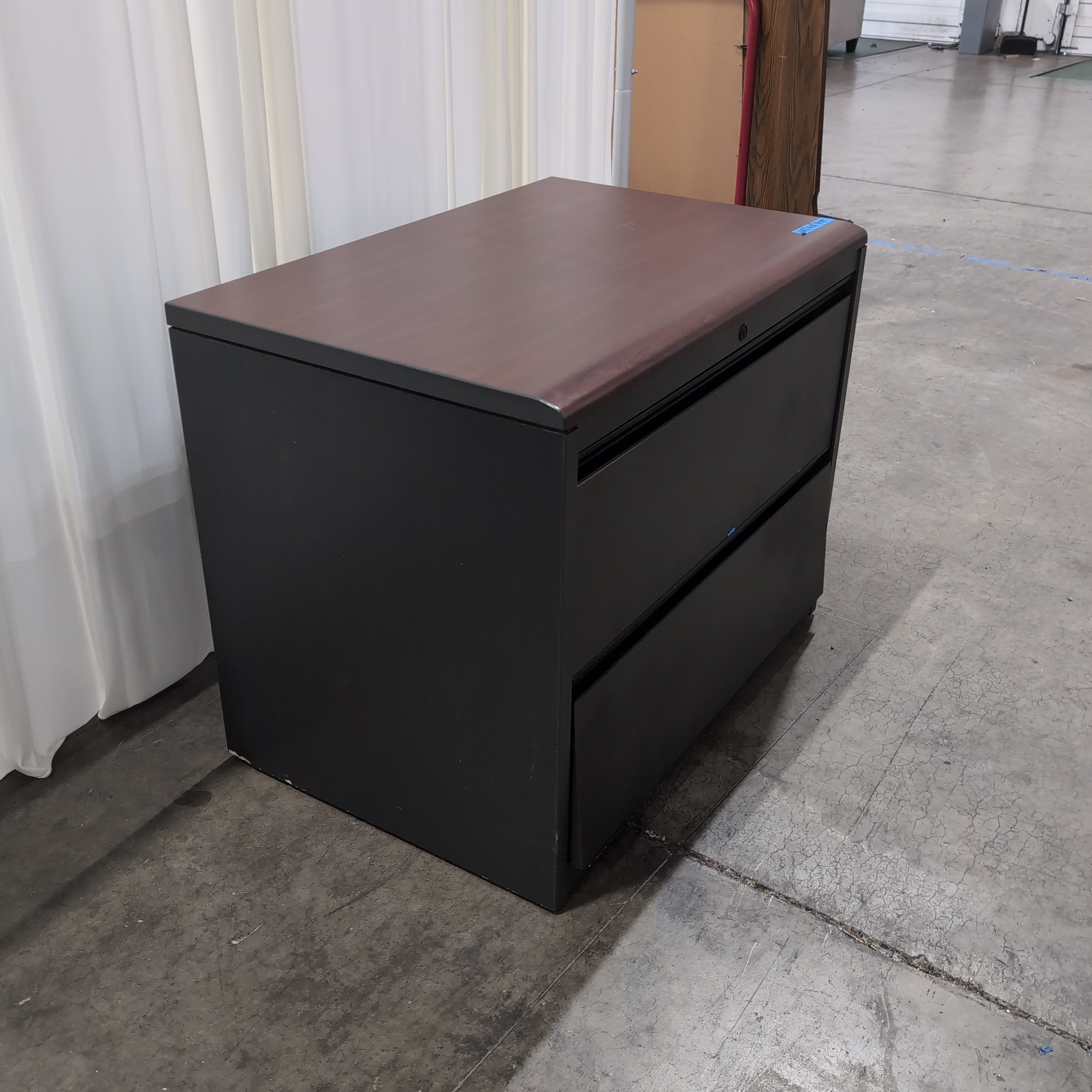 Two-Drawer Black Filing Cabinet with Wood-Look Top