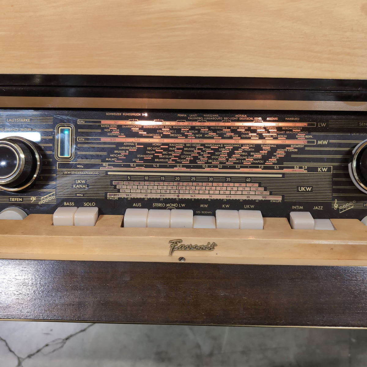 Mid-Century Dark Wood Stereo Console with Woven Grilles