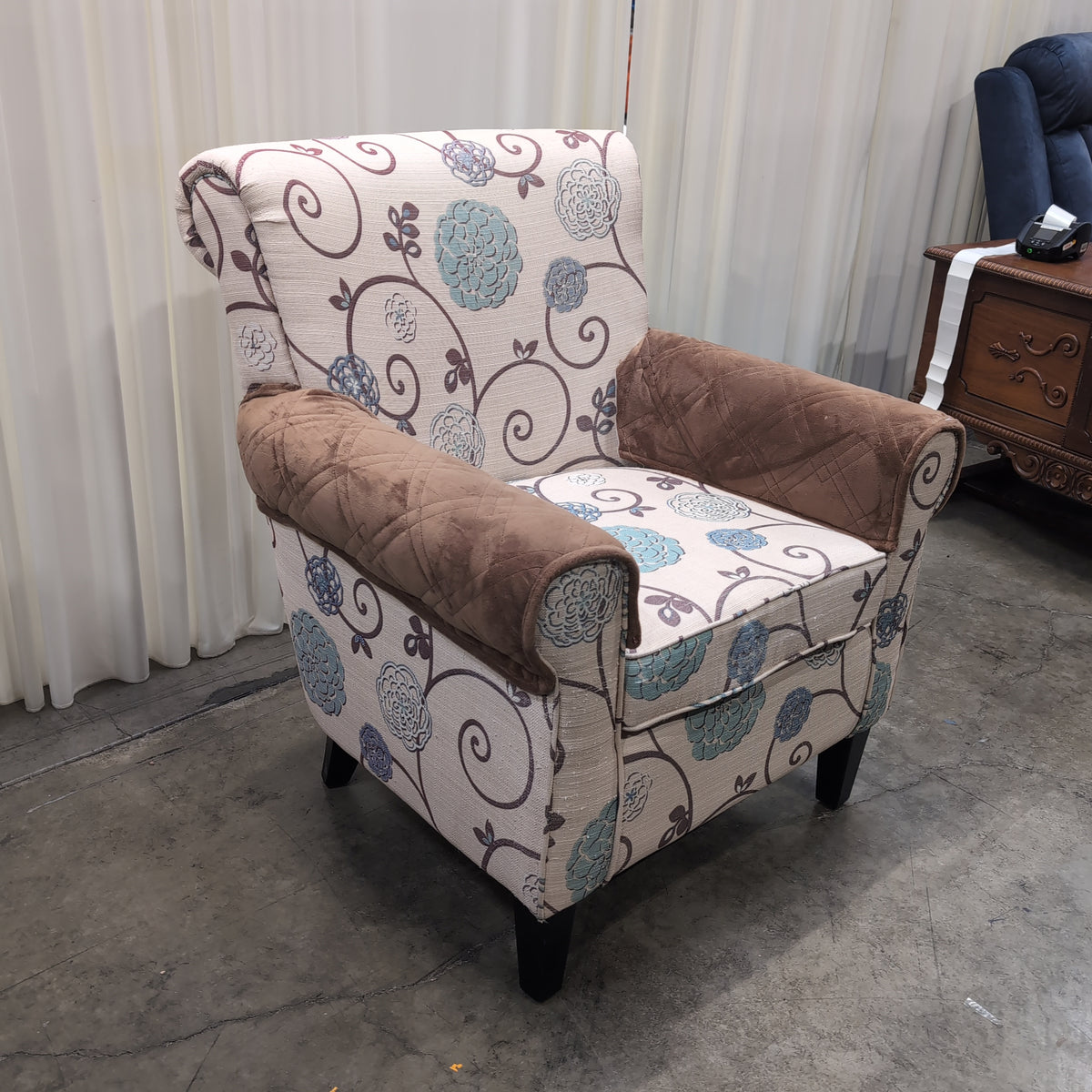 Cream and Blue Floral Pattern Armchair with Arm Covers