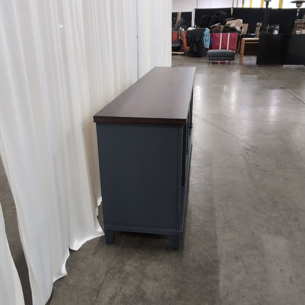 Dark Wood and Gray TV Stand with Decorative Glass Doors
