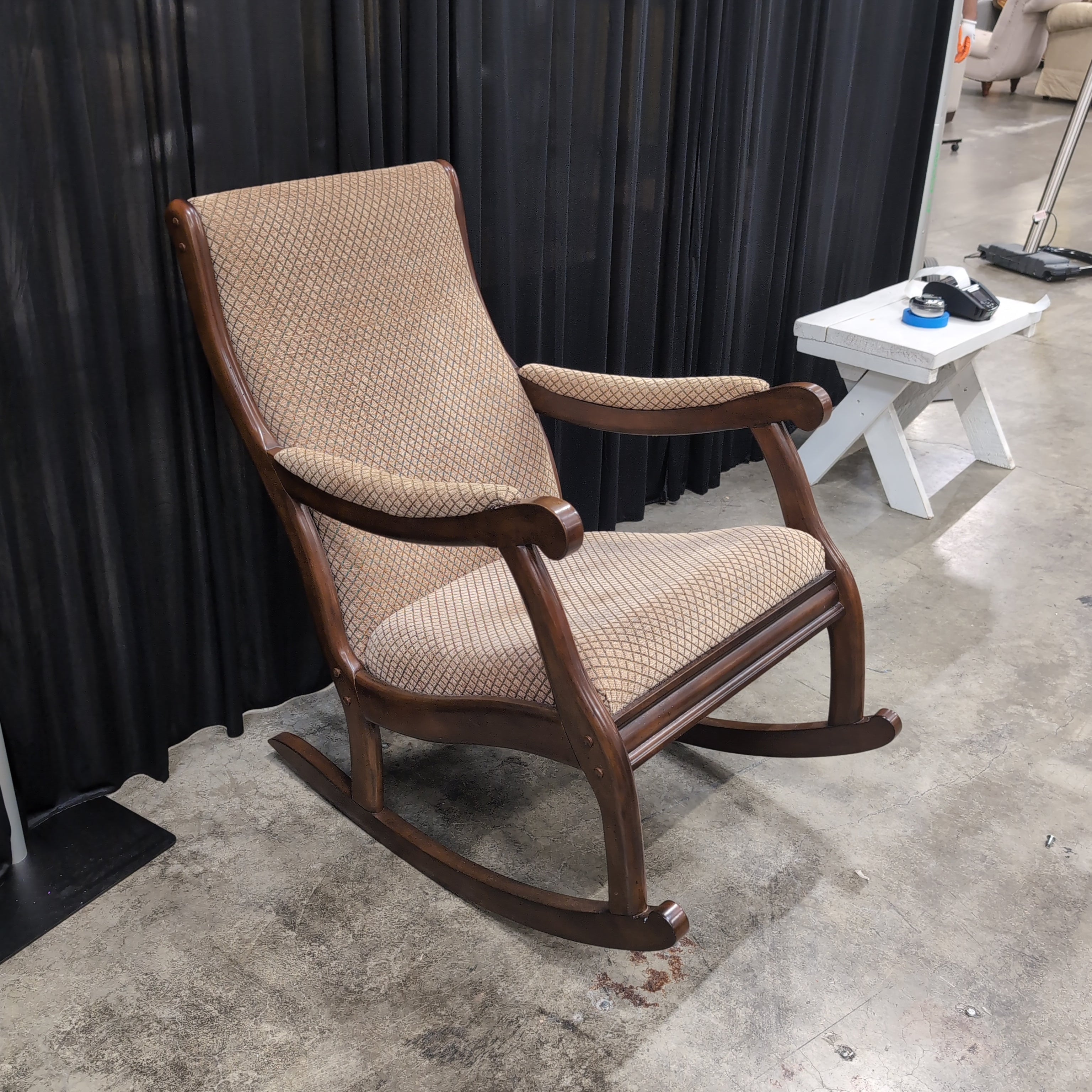 Traditional Dark Wood Rocking Chair with Patterned Upholstery