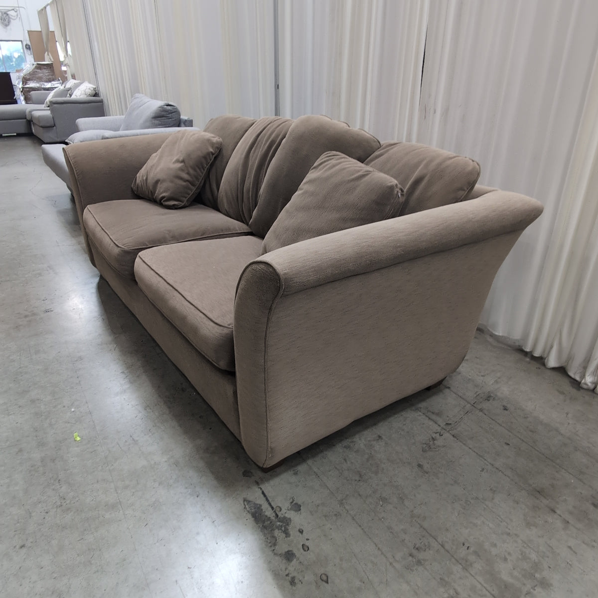 Taupe Upholstered Rolled Arm Couch