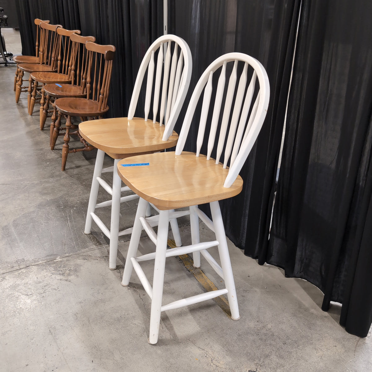 Pair of White Windsor Style Chairs with Natural Wood Seats