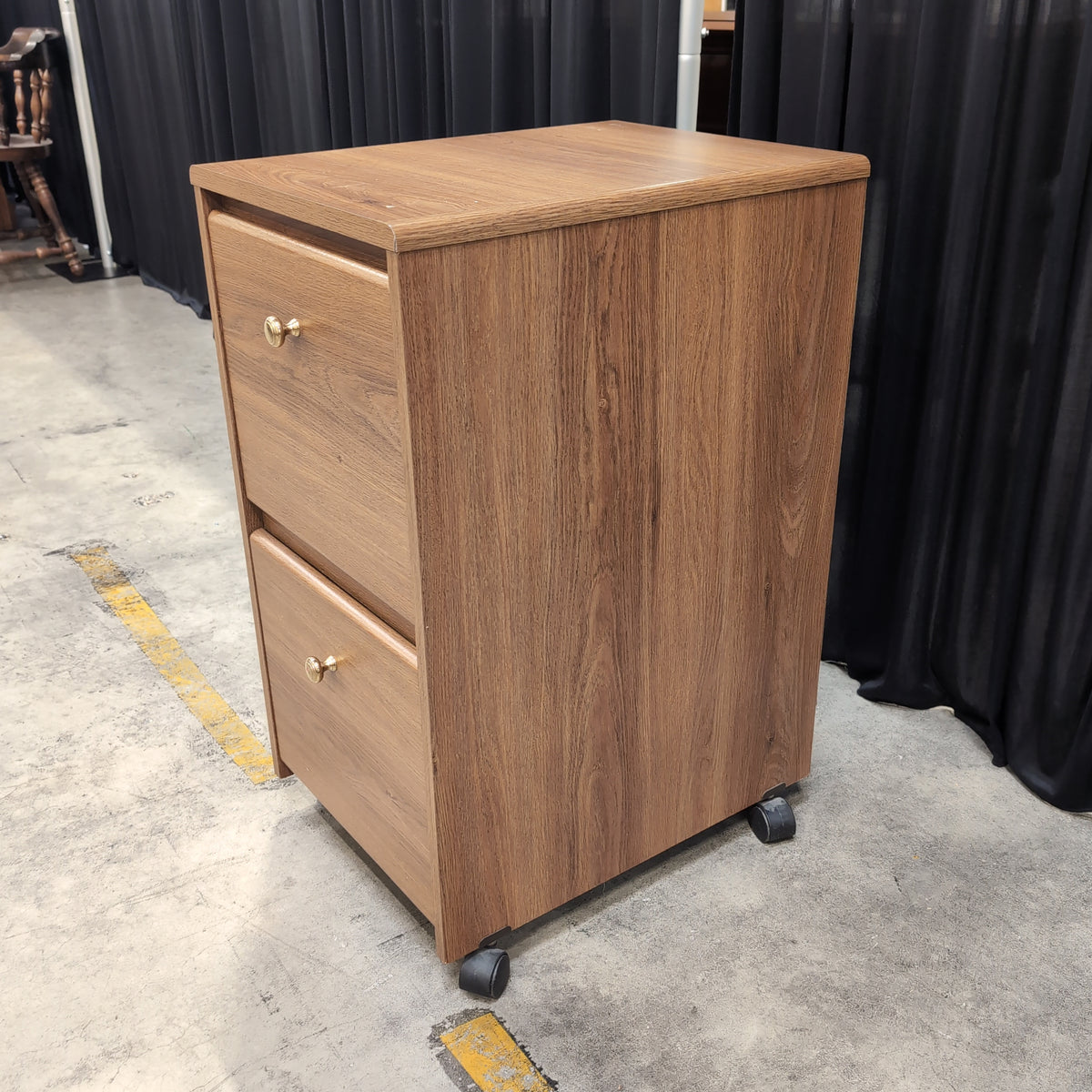 Brown Wood Grain Two-Drawer Nightstand with Casters