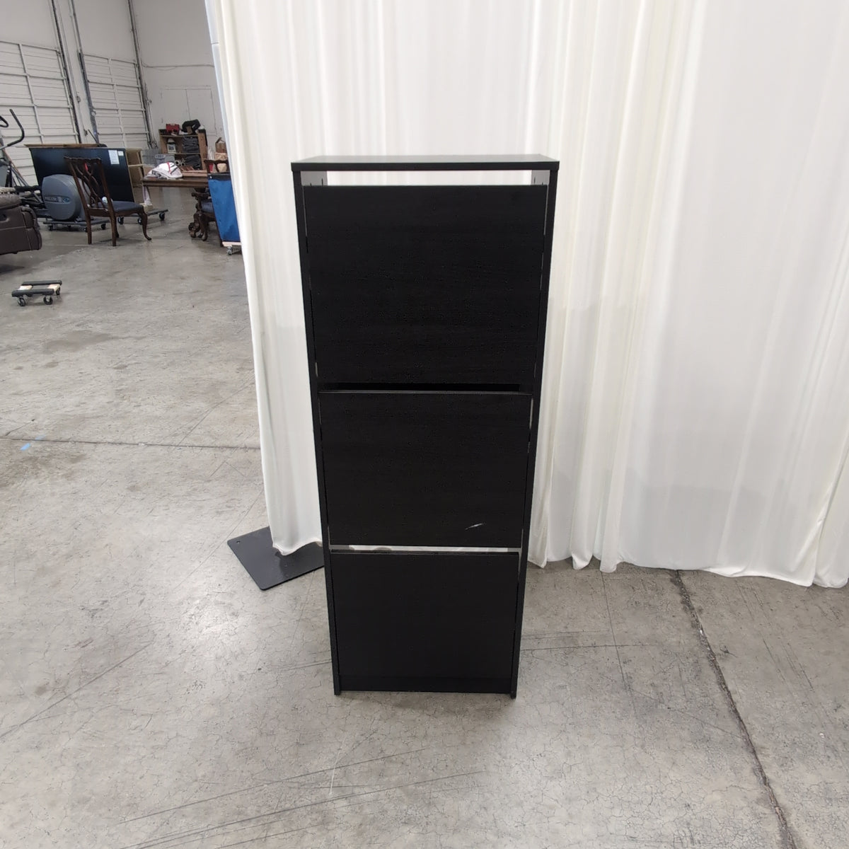 Slim Black Wood Three-Compartment Shoe Cabinet