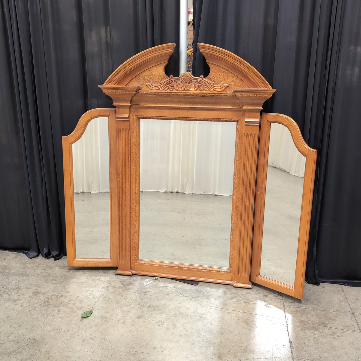 Ornate Carved Wood Tri-Fold Mirror