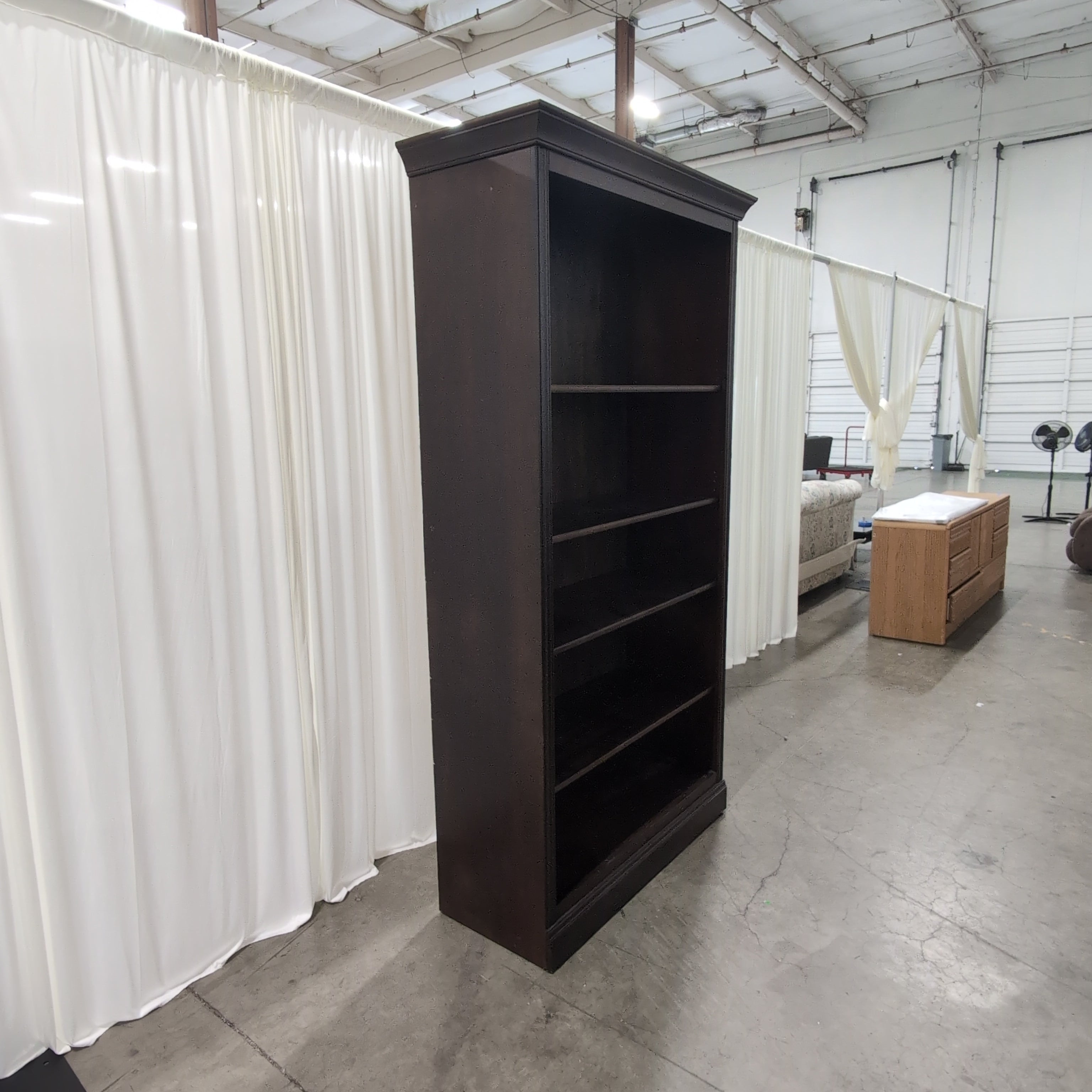 Dark Wood Five-Shelf Bookcase with Crown Molding