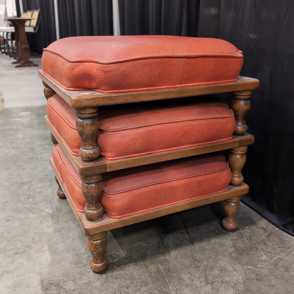 Orange Upholstered Wood Ottoman with Turned Legs
