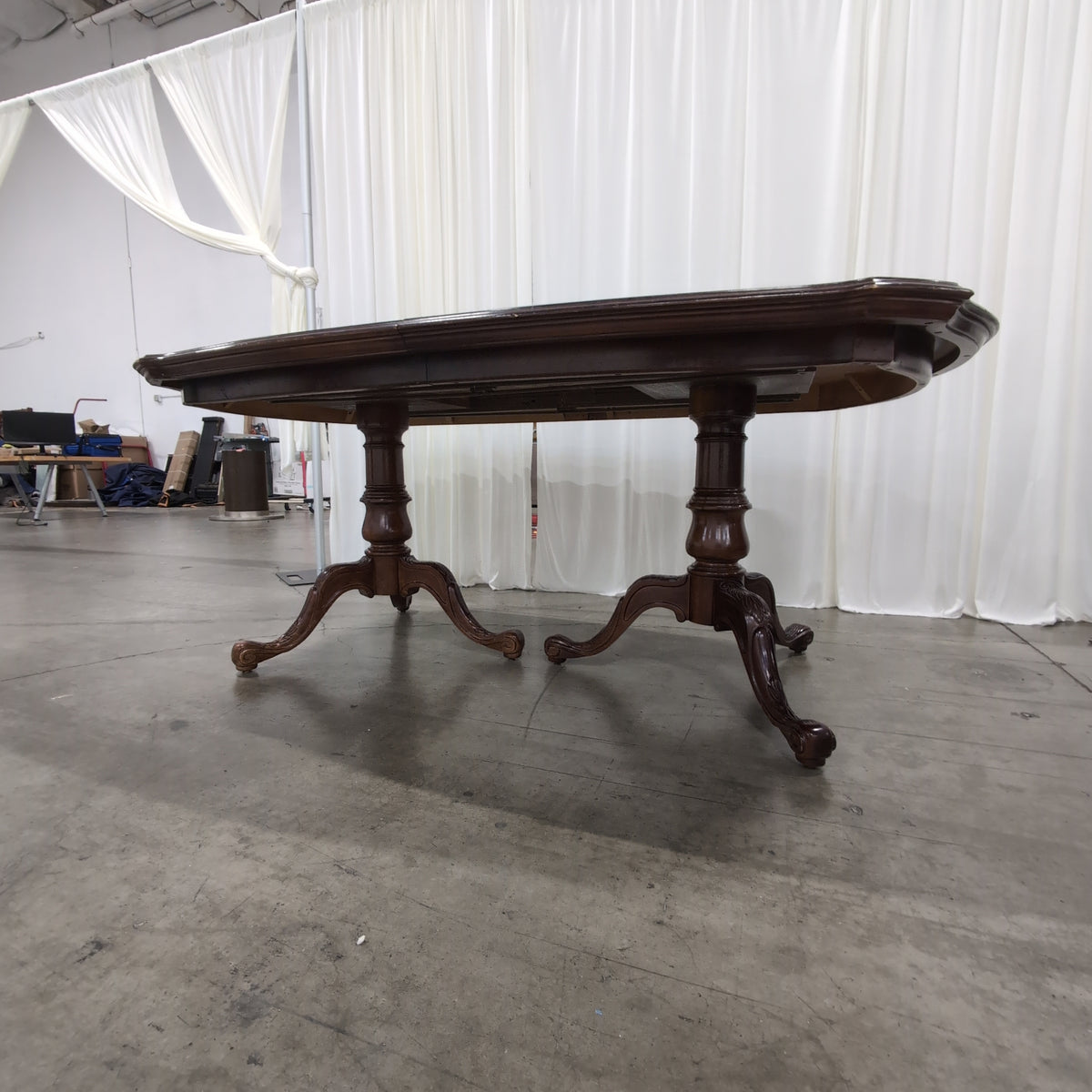 Traditional Dark Wood Oval Dining Table with Pedestal Bases