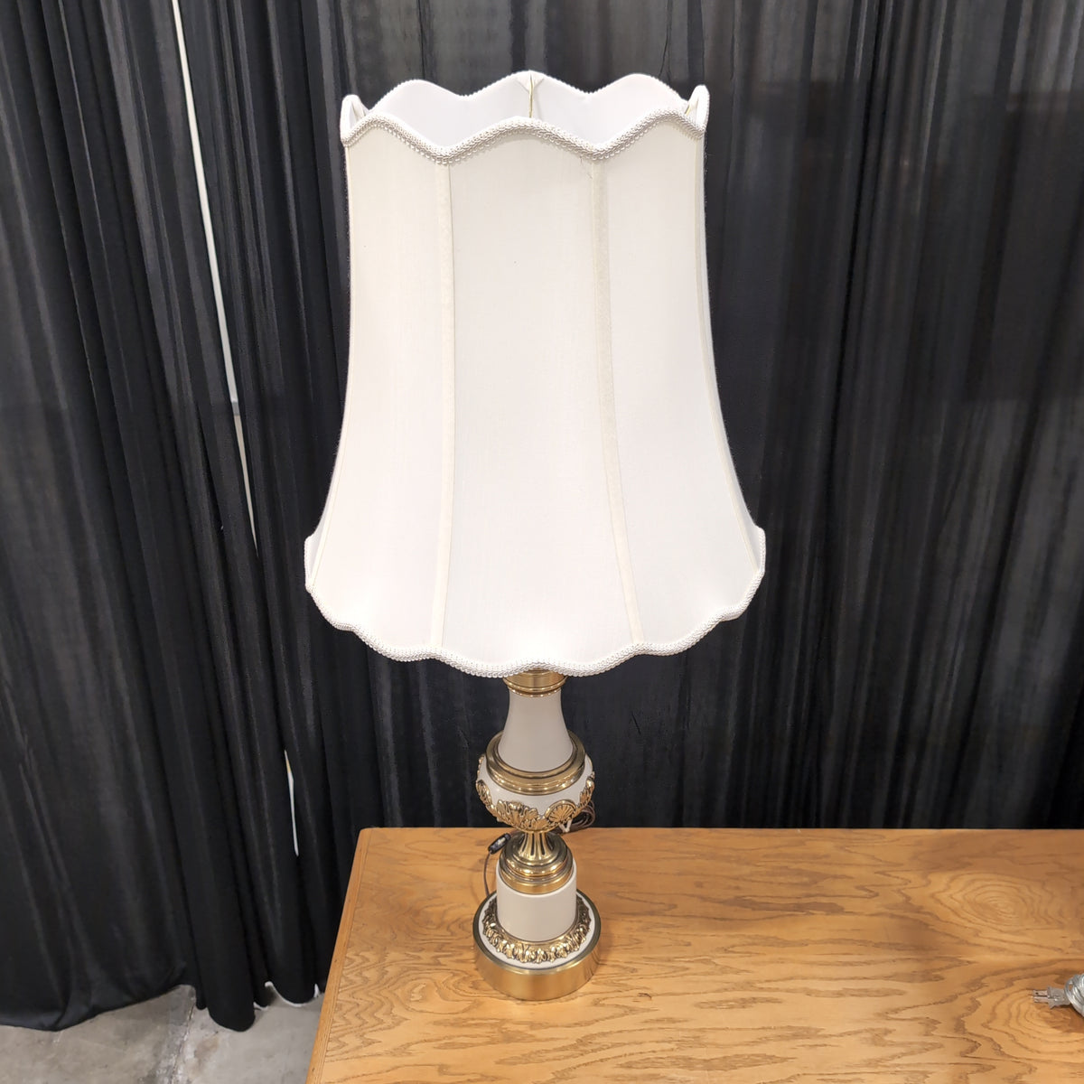 Traditional Brass and White Ceramic Table Lamp with Scalloped Shade