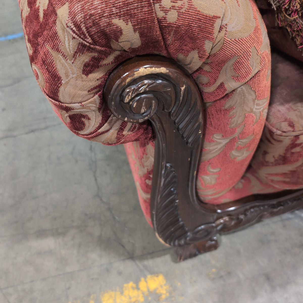 Traditional Red and Gold Brocade Couch with Carved Wood Frame