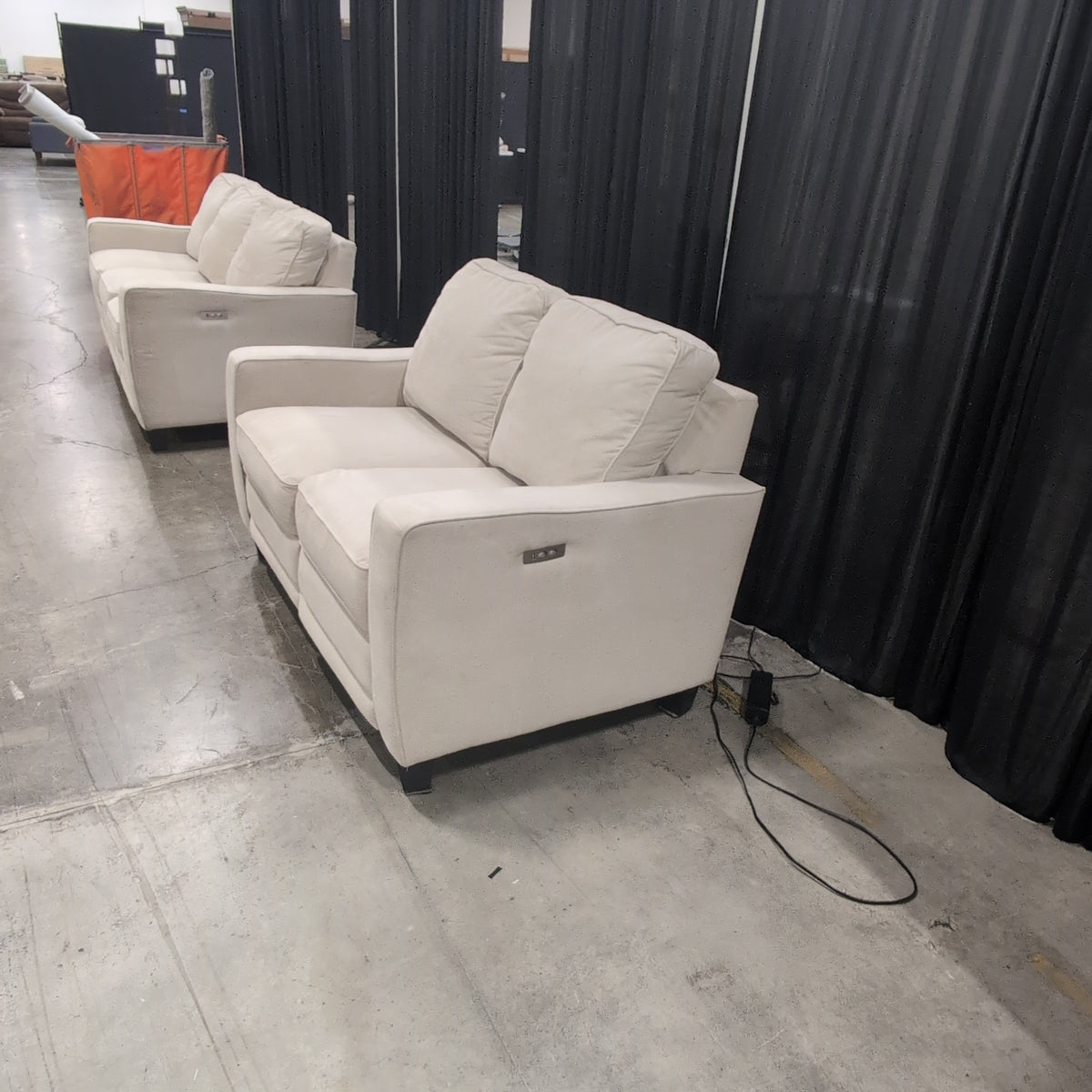 Light Beige Upholstered Loveseat with Track Arms