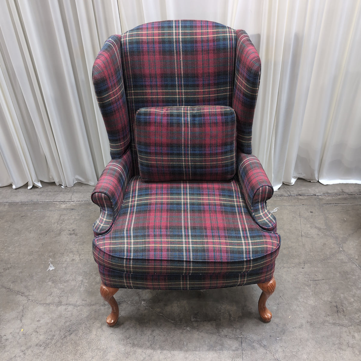 Traditional Red Plaid Wingback Chair with Carved Legs