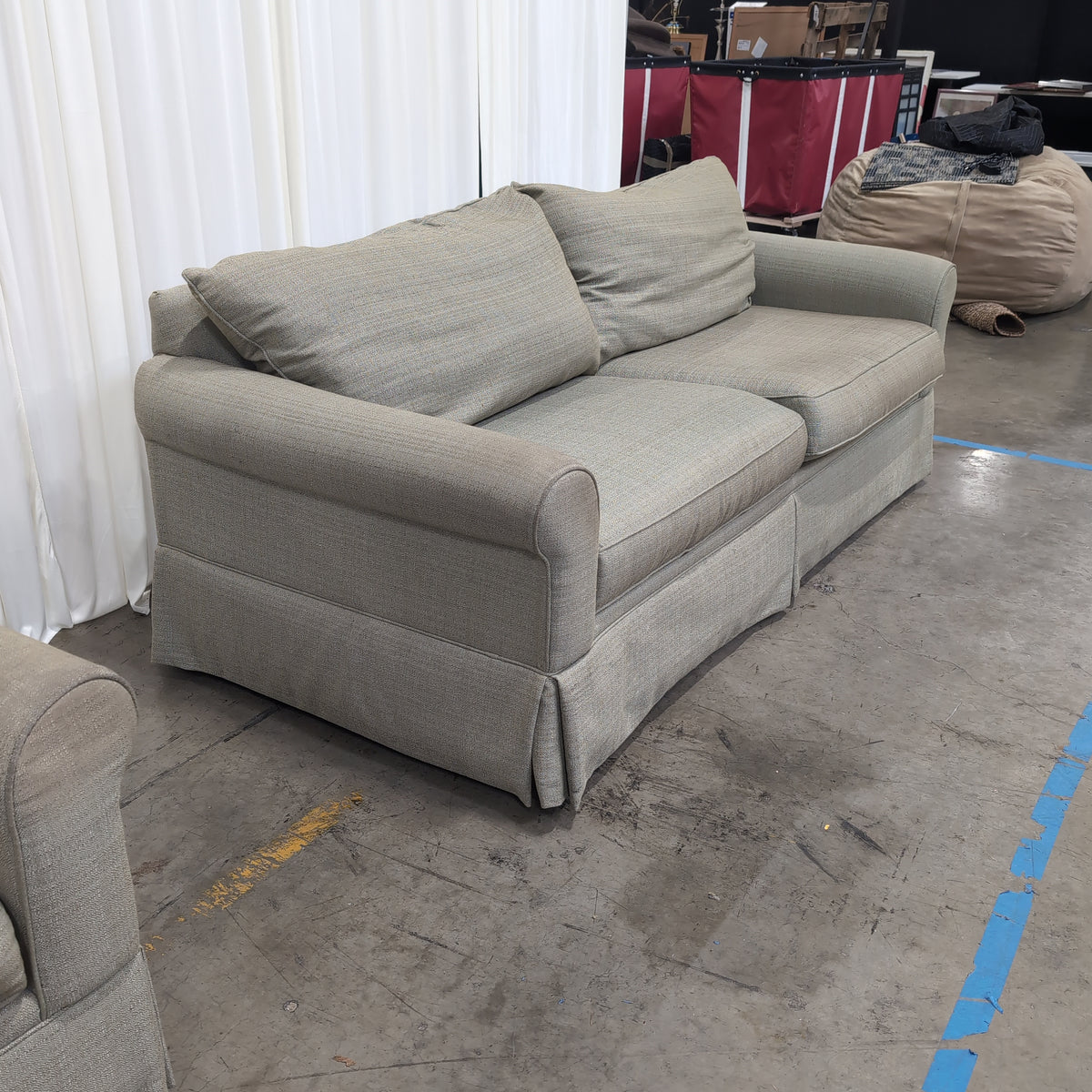 Light Olive Rolled Arm Couch with Skirted Base