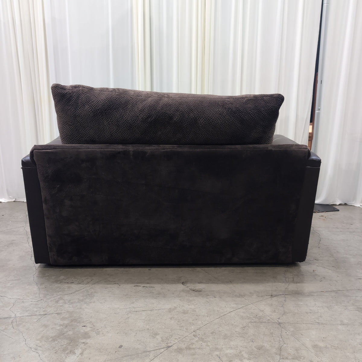 Contemporary Dark Brown Fabric Couch with Faux Leather Arms