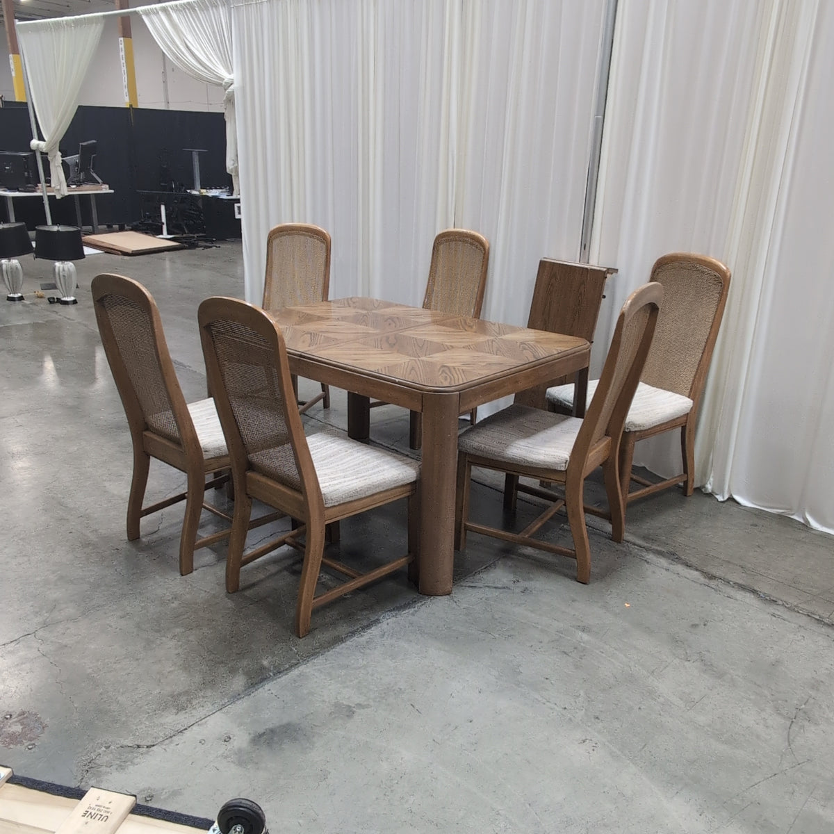 Wood Parquet Top Dining Table with Cane Back Chairs