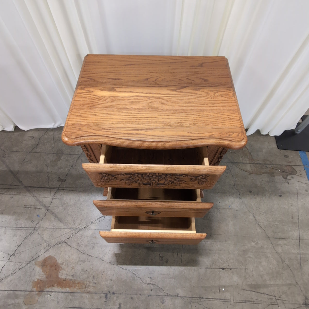 A-AMERICA Ornate Carved Oak Three-Drawer Nightstand