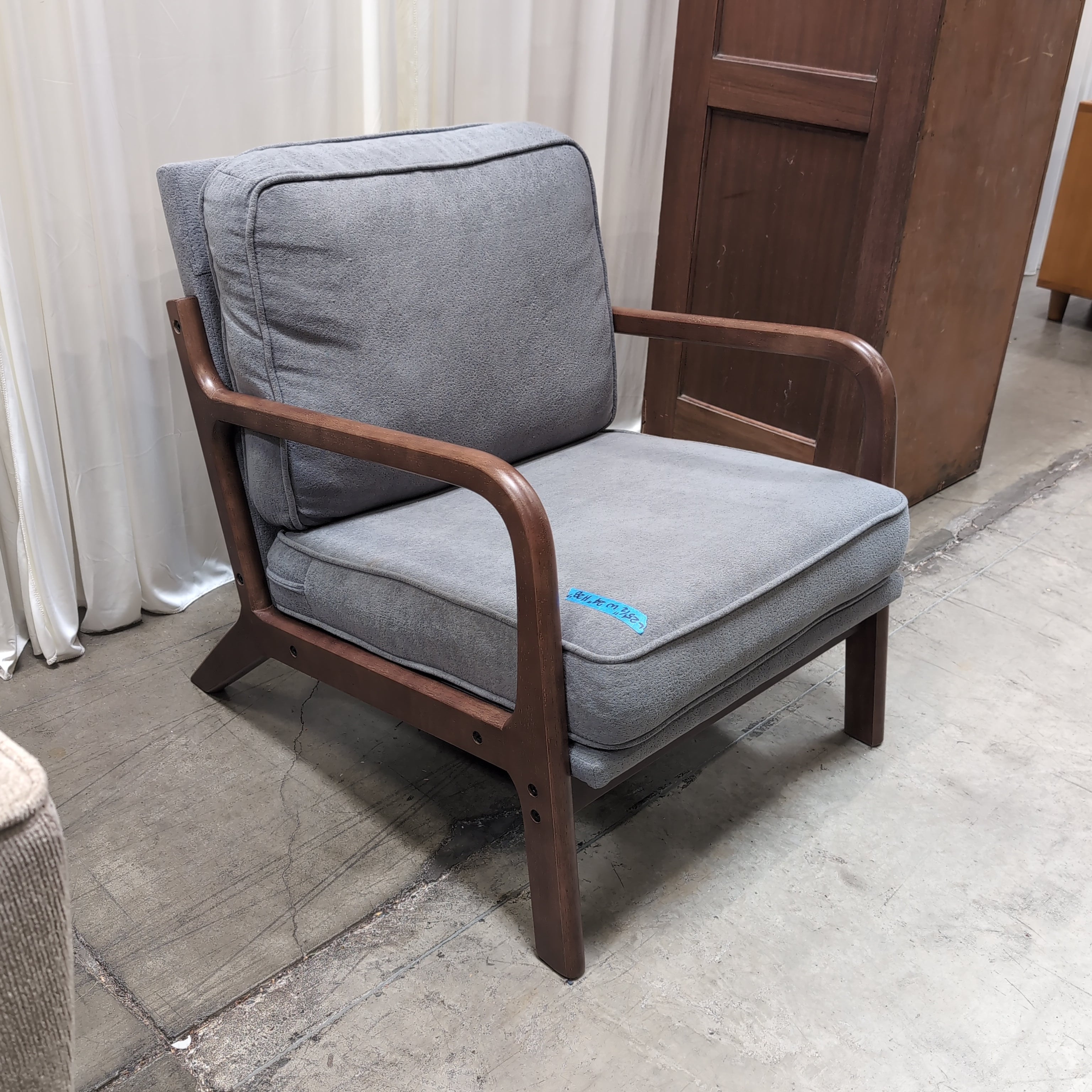 Mid-Century Style Gray Fabric Accent Chair with Wood Arms