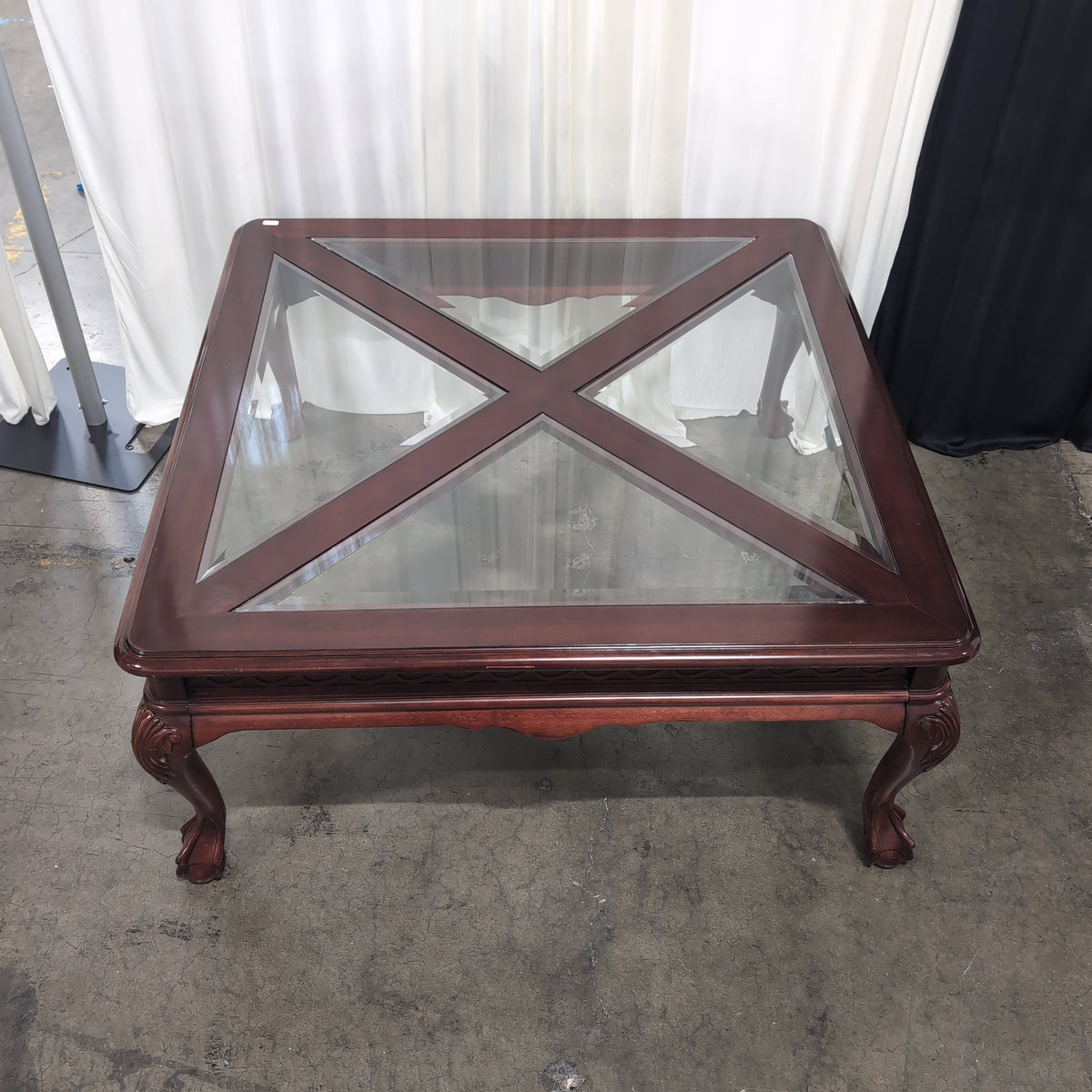Traditional Dark Wood Square Coffee Table with Glass Top