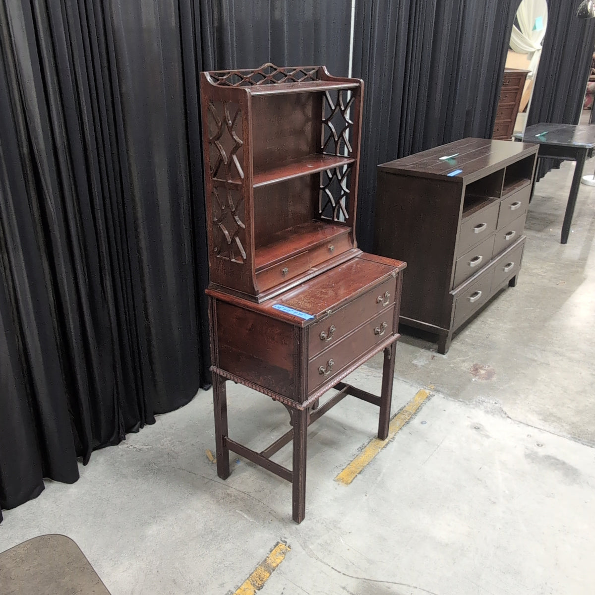 Traditional Dark Wood Drop-Front Desk with Fretwork Hutch