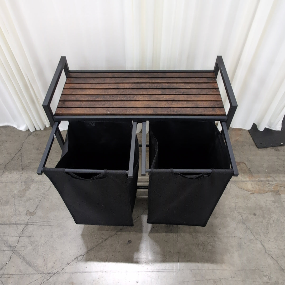 Industrial Black Metal Laundry Hamper with Wood Top
