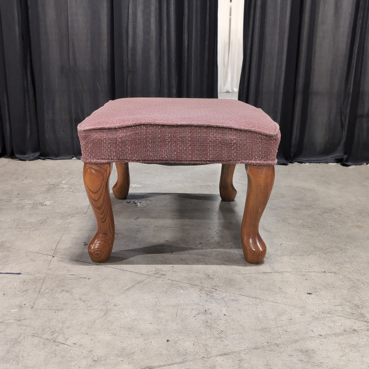 Muted Pink Textured Fabric Ottoman with Carved Legs