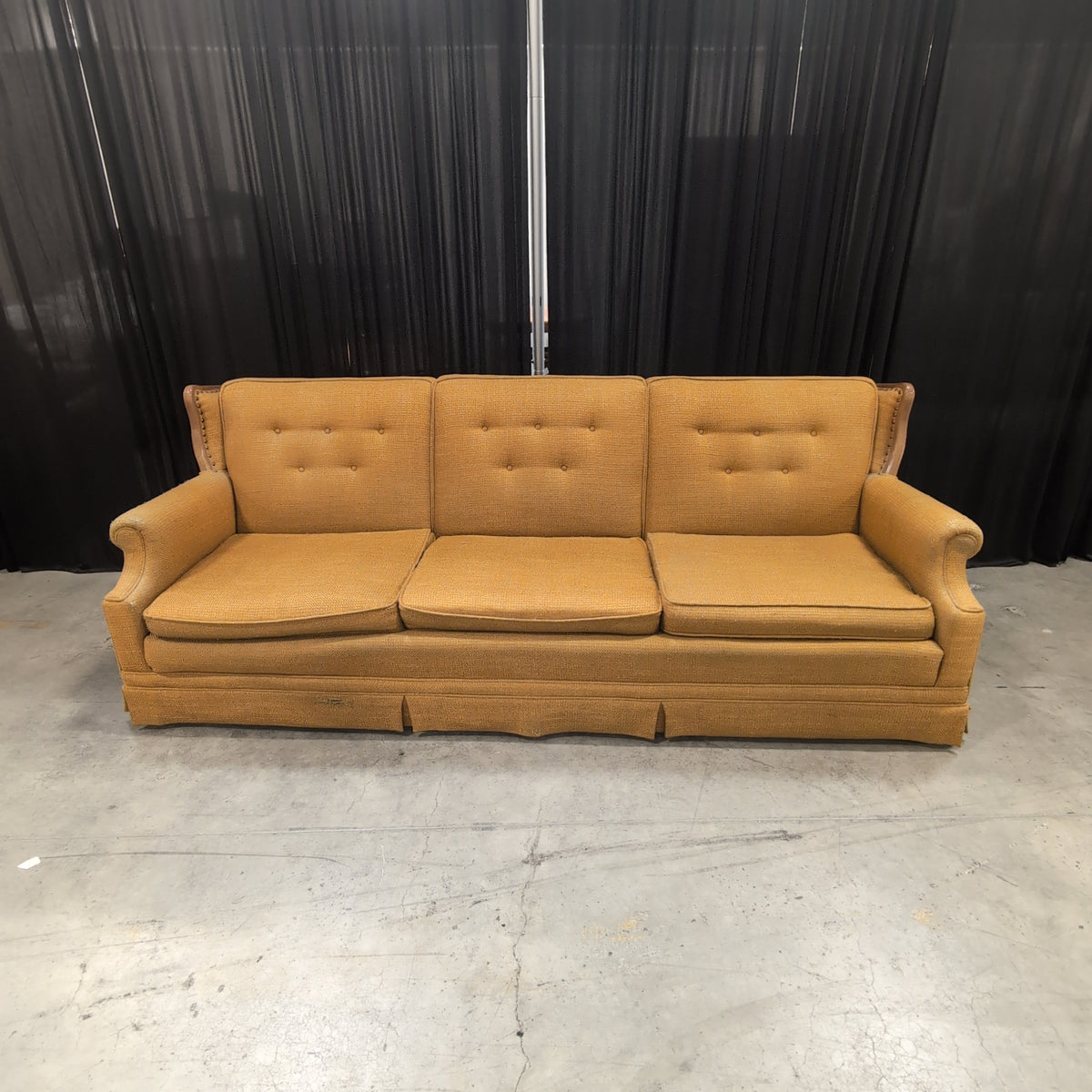Vintage Mustard Yellow Tufted Couch with Wood Trim