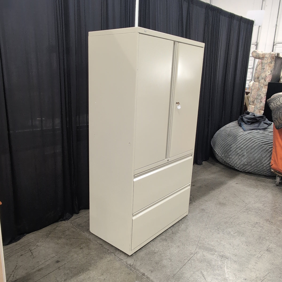 Light Beige Metal Storage Cabinet with Sliding Doors