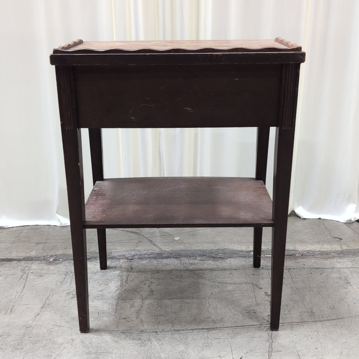 Dark Wood Scalloped Top Nightstand with Drawer