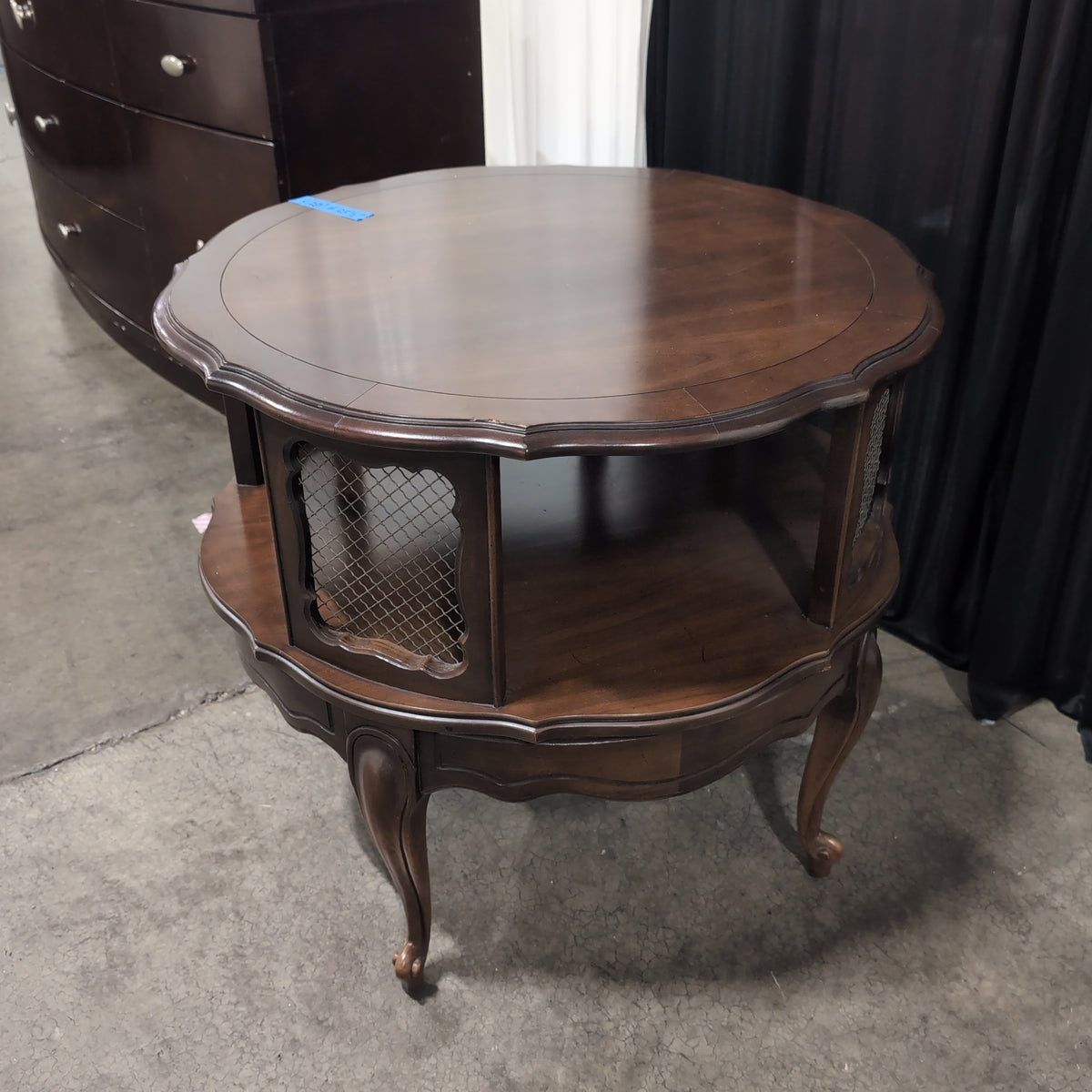 Traditional Style Two-Tiered Round End Table with Metal Mesh Panel