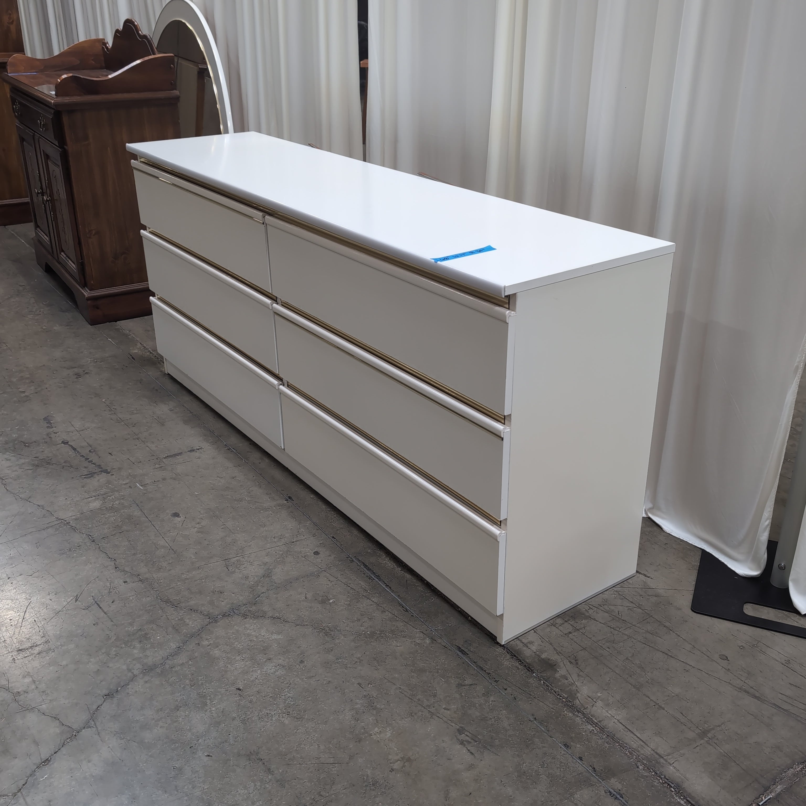 Vintage White Lacquer Six-Drawer Dresser with Round Mirror
