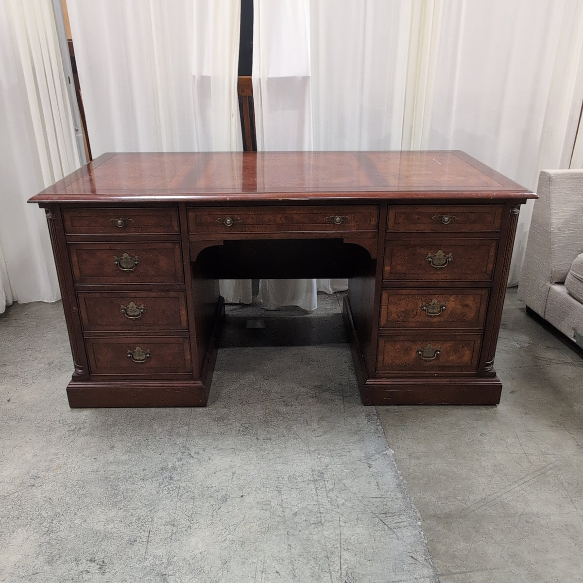 Traditional Mahogany Burl Top Executive Desk