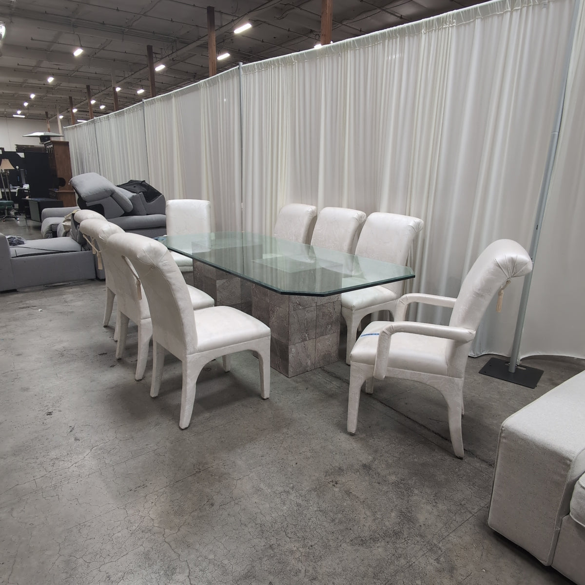 Glass Top Stone Base Dining Table with Eight Upholstered Chairs