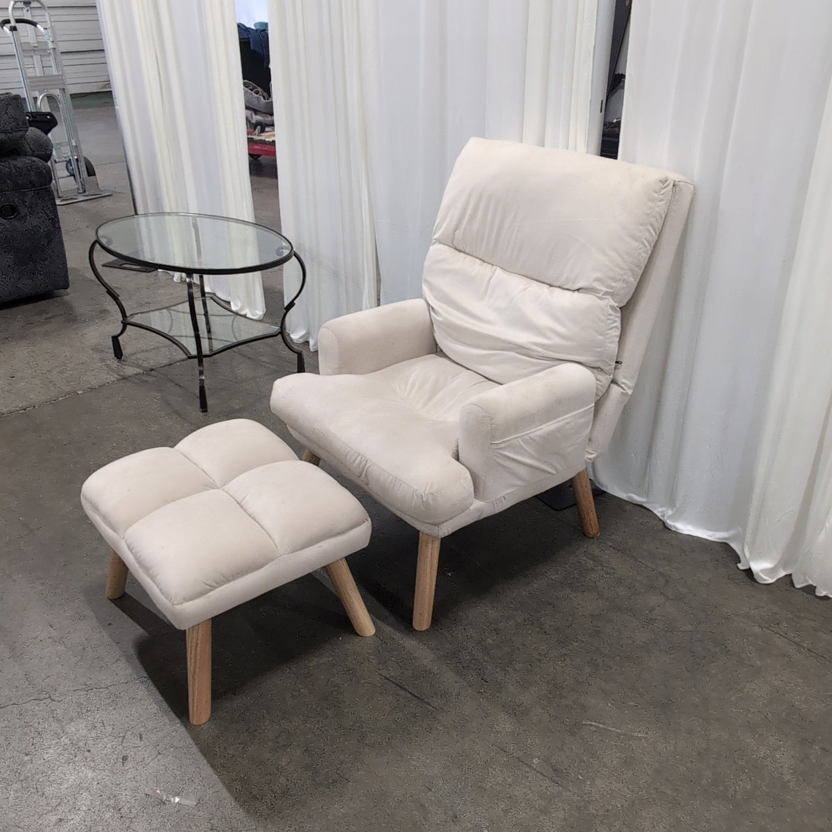 Cream Upholstered Four-Cushion Ottoman with Tapered Legs