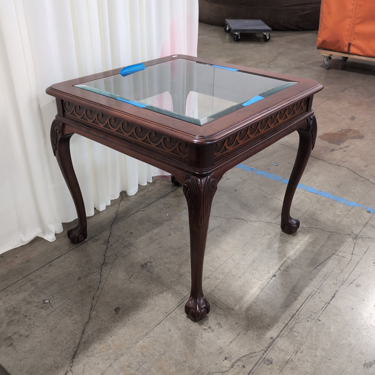 Carved Dark Wood Square End Table with Glass Top