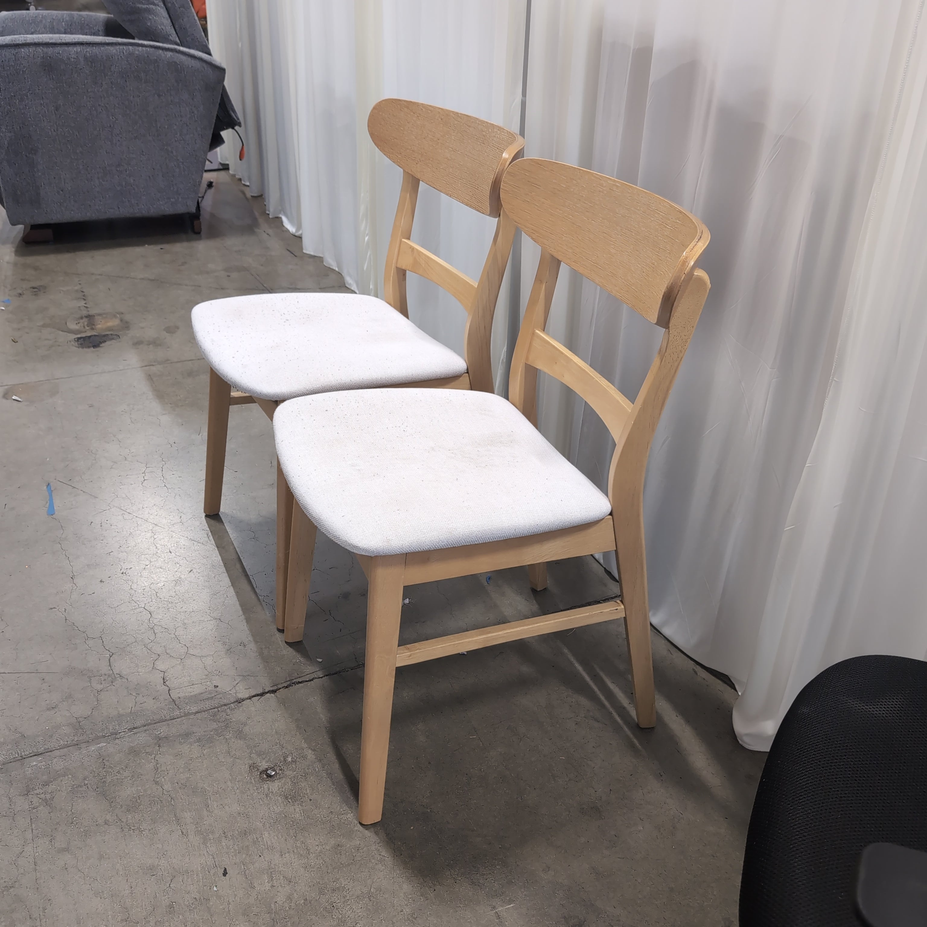 Pair of Natural Wood Dining Chair with White Upholstery
