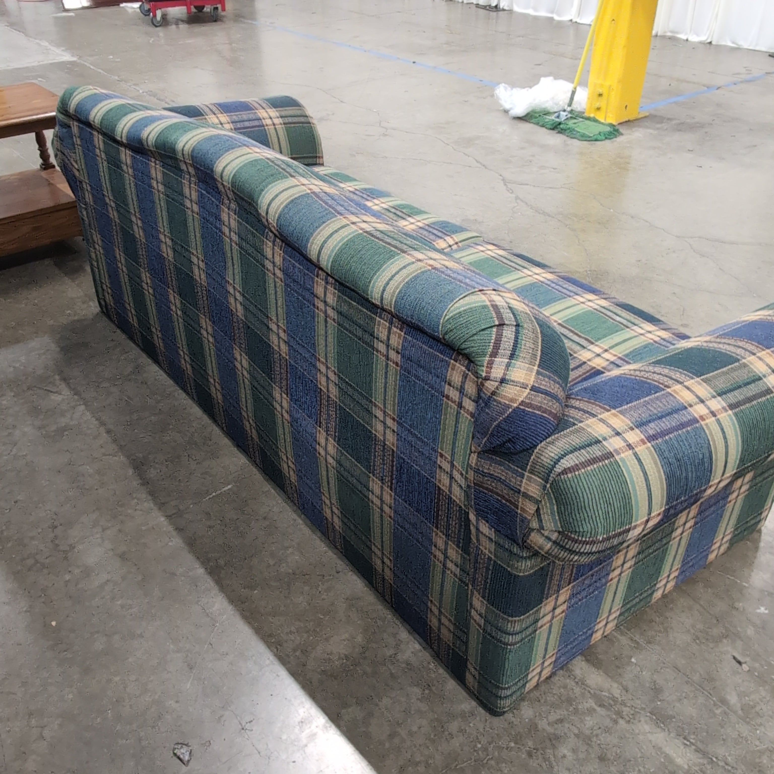 Traditional Blue and Green Plaid Fabric Loveseat