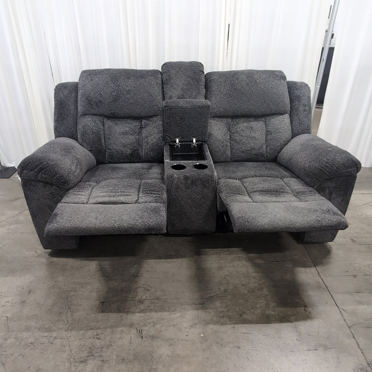 Grey Fabric Reclining Loveseat with Center Console