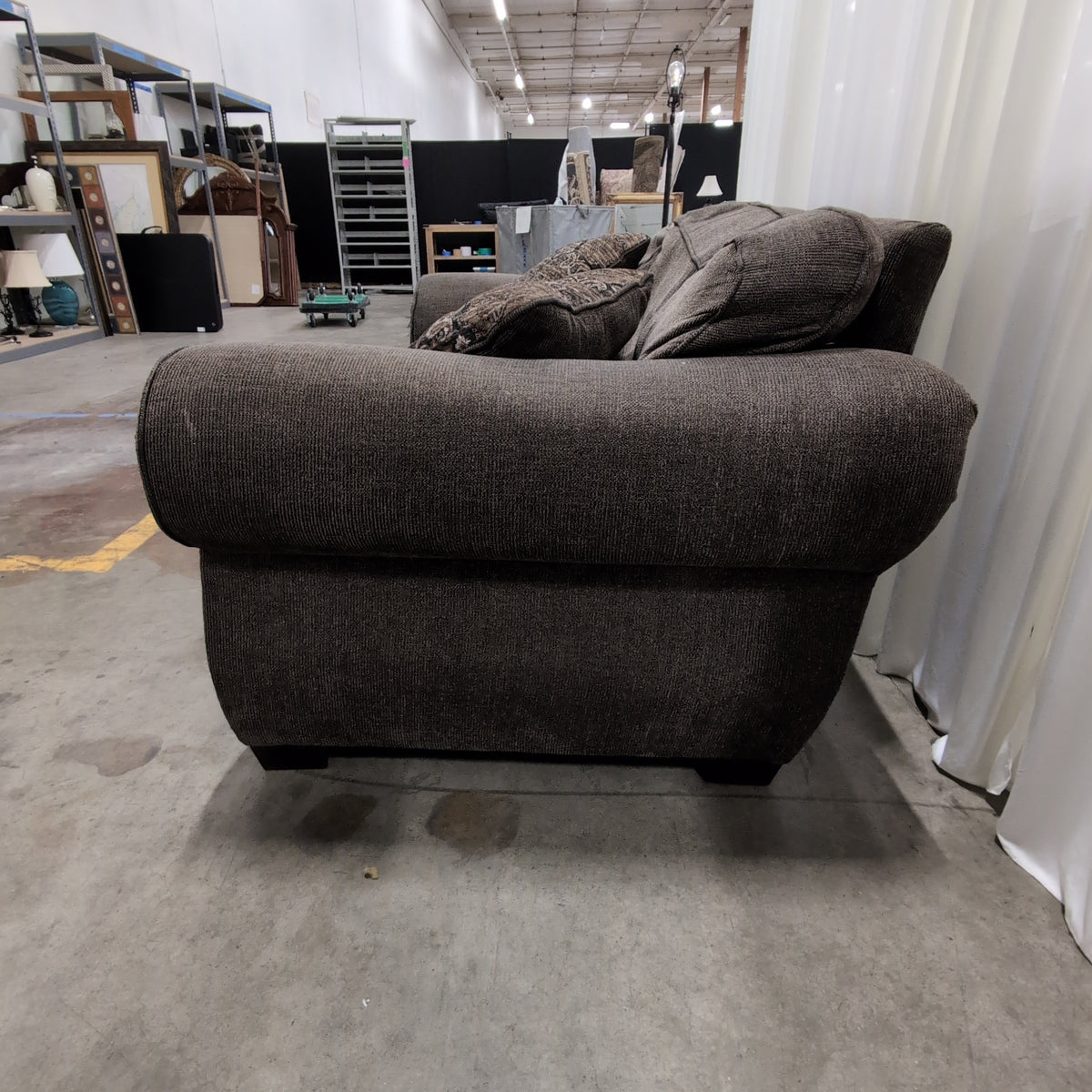 Dark Gray Fabric Loveseat with Rolled Arms