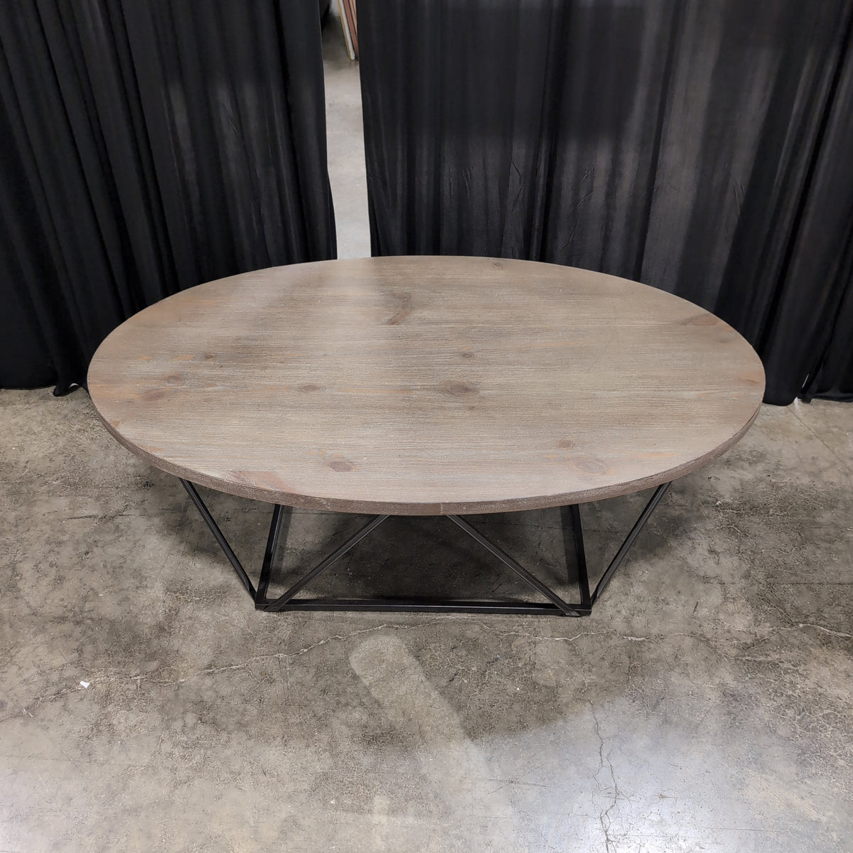 Oval Grey Wood Coffee Table with Geometric Metal Base