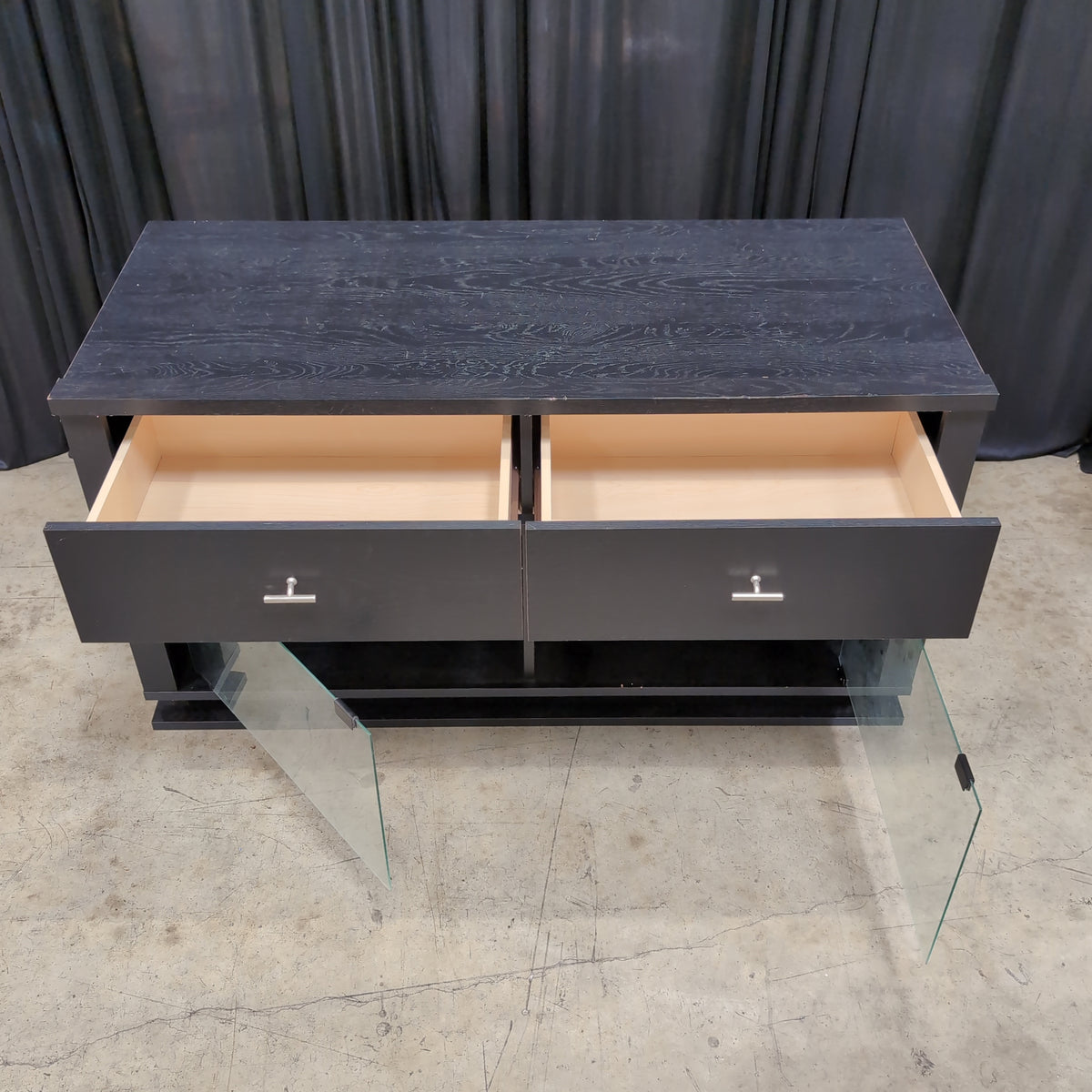 Dark Wood Grain TV Stand with Glass Doors